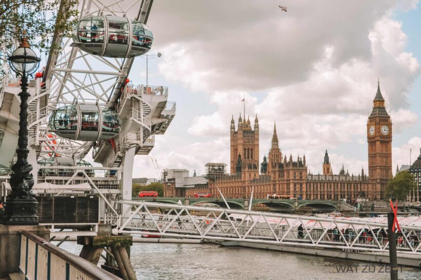 Bezienswaardigheden in Londen: Londen Bankside met op de achtergrond Houses of Parliament